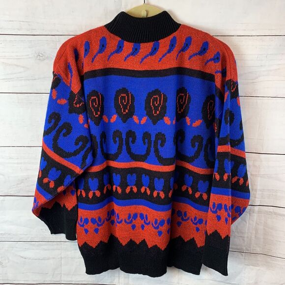 vintage blue red black lurex sweater Dolman Knit acrylic retro unisex hearts M 8 - Picture 1 of 9
